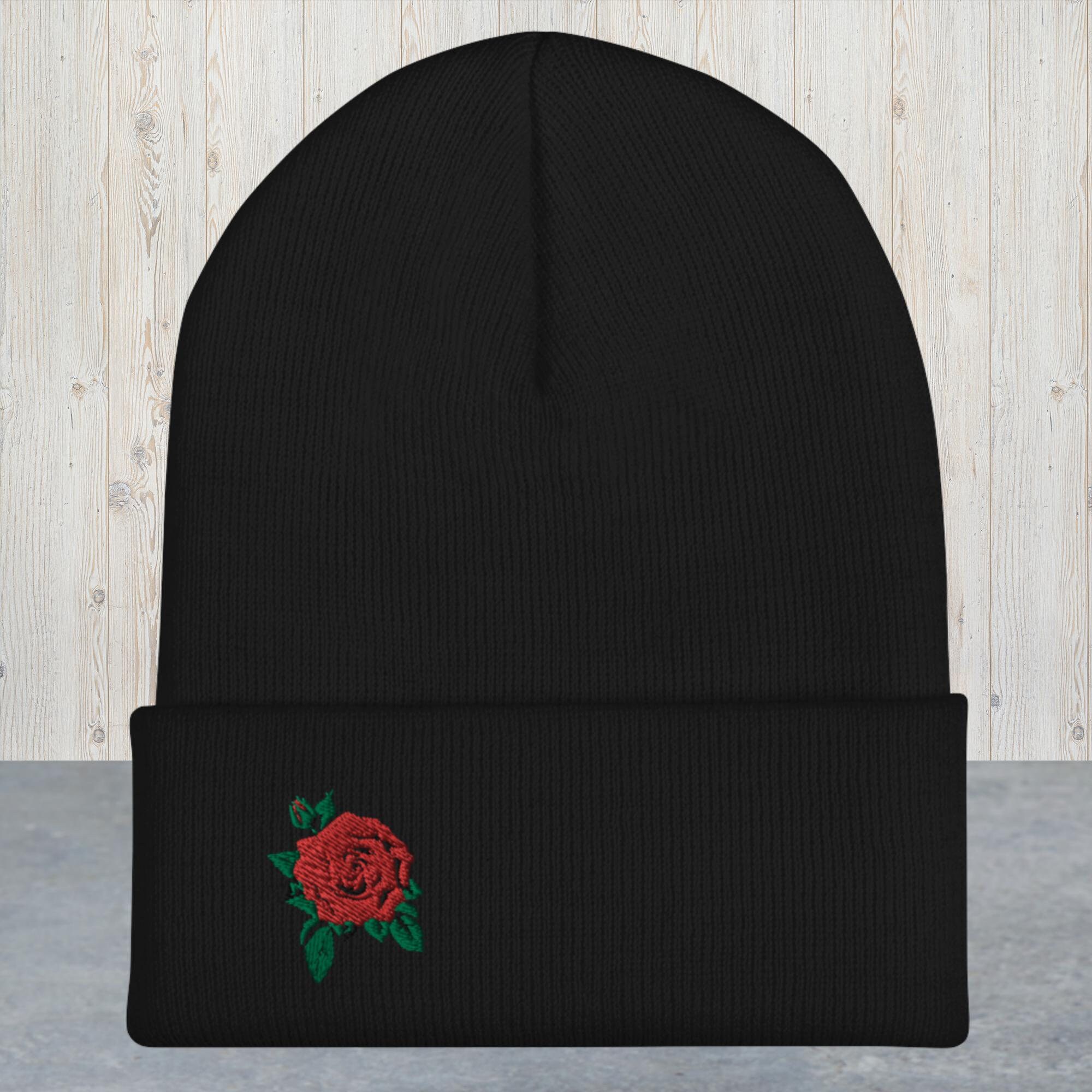 【FETICO】HAND-KNITTED ROSE BEANIE Rose Embroidery Red Rose Cuffed Beanie Skully Men Women New