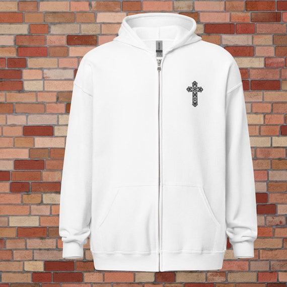 EMBROIDERED CROSS Unisex Heavy Blend Zip Hoodie, Gothic Zip Hoodie