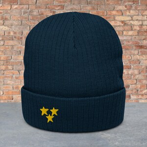 STAR GRAPHIC Ribbed knit beanie, 3 star detail on winter hat, ribbed beanie with graphic on cuff