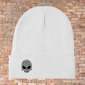 SKULL Embroidered Beanie, Halloween skull beanie, gothic beanie, skull with flowers winter hat, skull cap with goth design
