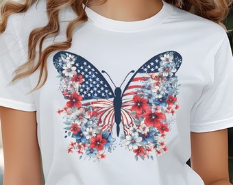 Butterfly July 4th T-Shirt Independence Day Shirt Red White and Blue Trendy Fourth of July Tee American Pride Patriotic Women USA Flag Tee