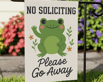 Bandera de jardín divertida con la frase "No se permite solicitar", una linda rana saludando, "Por favor, vete", decoración para exteriores, una bandera peculiar para porche y patio.