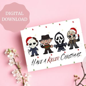 Horror kerstkaart, griezelige kerstkaart, Halloween kerstkaart, Killer kerstkaart, afdrukbare kerstkaart