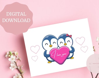 Penguin Anniversary Card, Wedding Card, Engagement Card, Romantic Cute Greeting Card, Penguin Greeting Card, Love Card, Digital download
