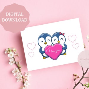 Penguin Anniversary Card, Wedding Card, Engagement Card, Romantic Cute Greeting Card, Penguin Greeting Card, Love Card, Digital download