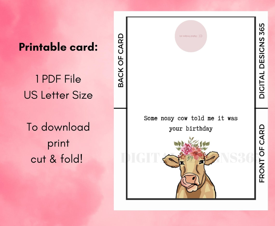 Cow Birthday Card PRINTABLE, Printable Birthday Card, Happy Birthday ...