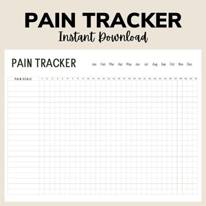 May include: A printable pain tracker with the words "PAIN TRACKER" at the top. The tracker includes a pain scale and a monthly calendar grid to record pain levels. The words "Instant Download" are also visible.