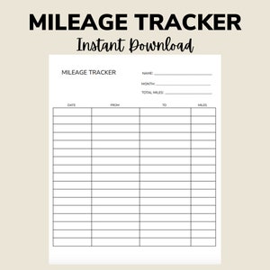 May include: A printable mileage tracker with fields for name, month, total miles, date, from, to, and miles. The tracker is designed for tracking mileage for business or personal use.
