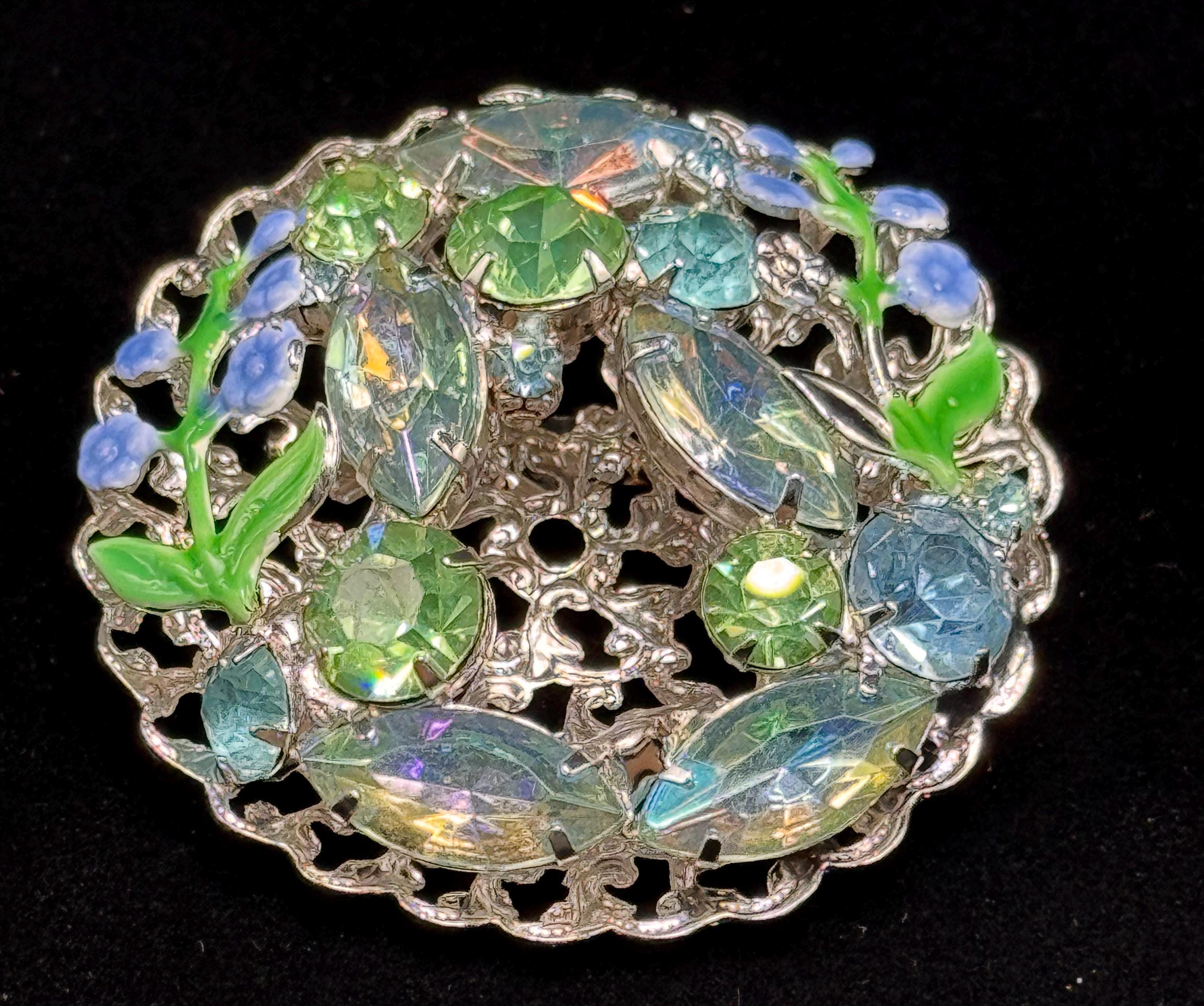 Broche Ancienne En Métal Doré Avec Cristal Autrichien Aurores Boréales Violet - Occasion