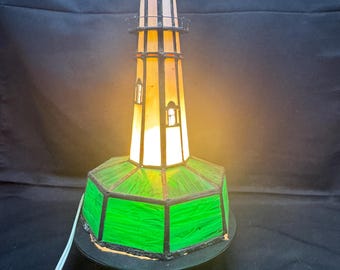 Vintage Stained Glass Lighthouse Lamp Green Blue & White Tiffany-Style 12" Night Light