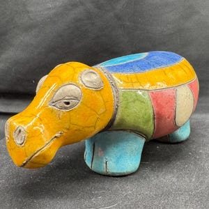Vintage Raku Pottery Hippopotamus Figurine Made in South Africa House Hippo Multi-Color Glaze