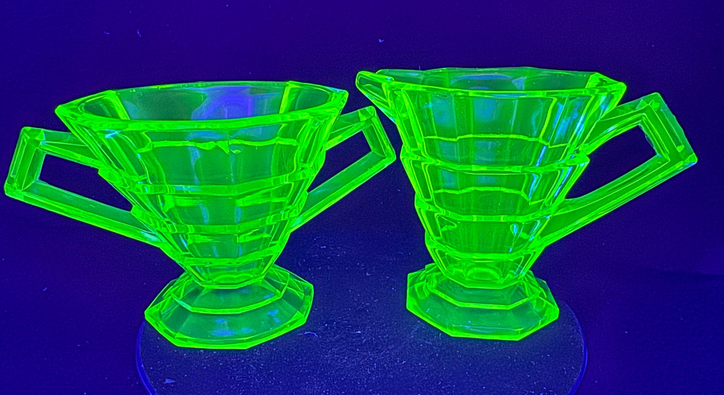 Vintage Indiana Glass Co, Green Uranium Glass Tea Room Cream and Sugar Set