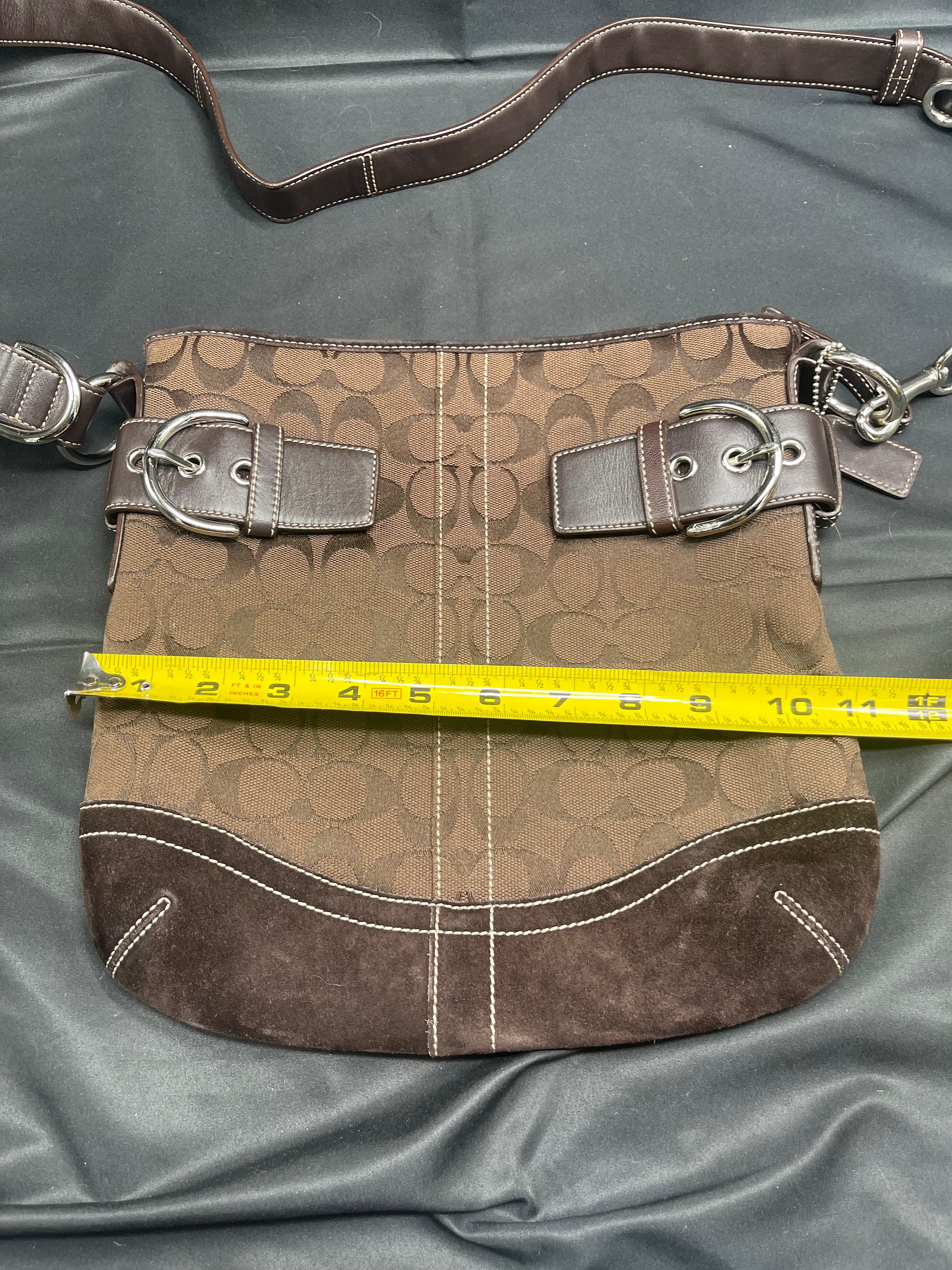COACH Shoulder Bag Brown Monogram Canvas With Leather and Suede