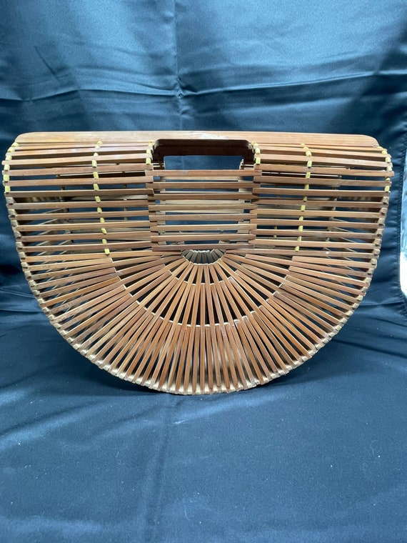 Wooden bamboo slatted purse, vintage wooden handba