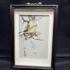 Può includere: Un'opera d'arte incorniciata con un uccello fatto di piume appollaiato su un ramo con fiori bianchi. L'opera è firmata in caratteri cinesi.