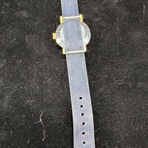 May include: A wristwatch with a blue and white checkered pattern band and a gold-colored case. The watch band has several holes for adjustment. The watch is set against a dark background.