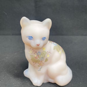 Vintage Fenton White Satin Glass Hand Painted Cat Figurine Signed by the Artist