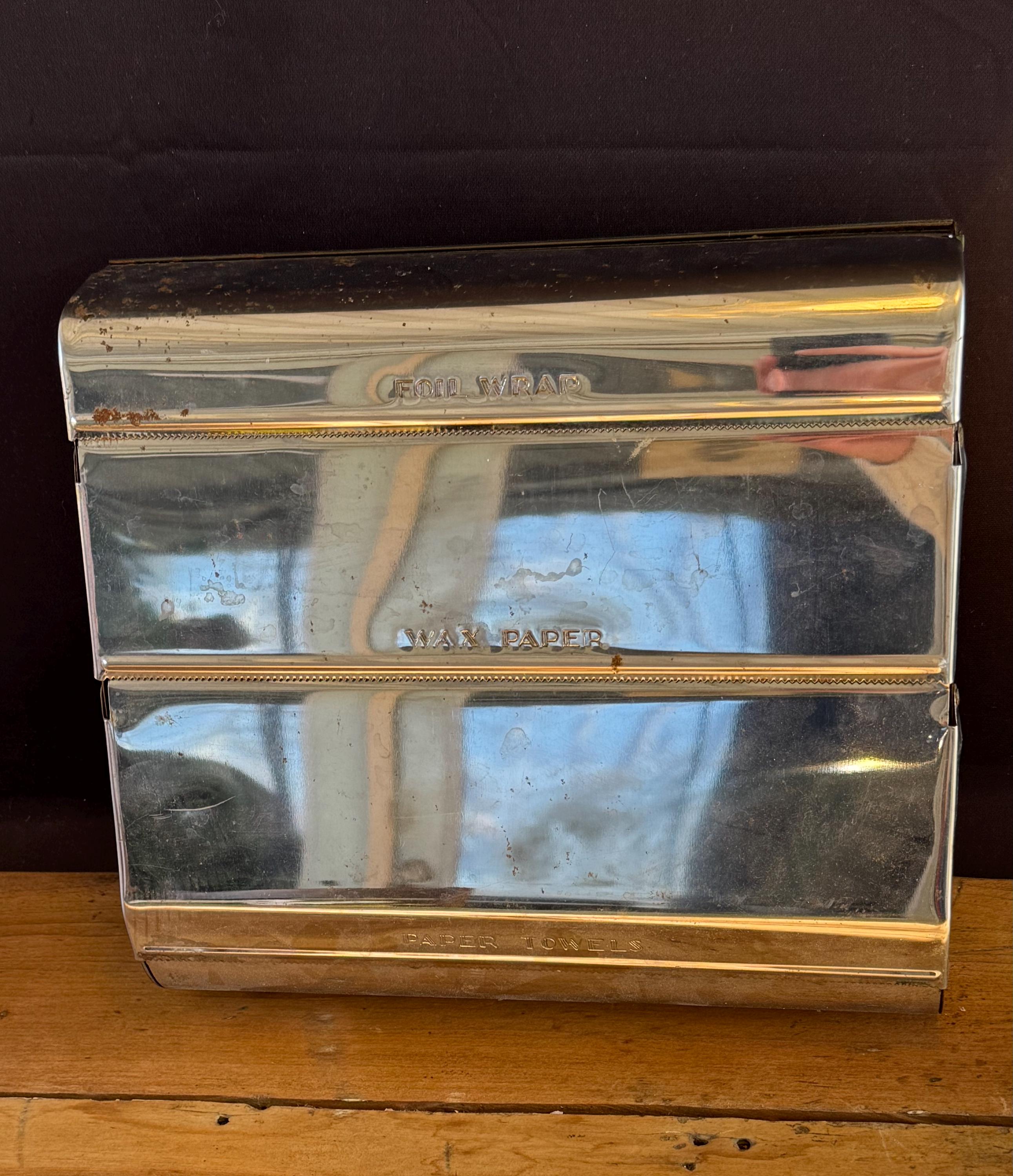 Vintage 1950's Garner Wall Mount Chrome Metal Kitchen Paper Towel Saran Wrap Aluminum Foil Dispenser, Made in the USA