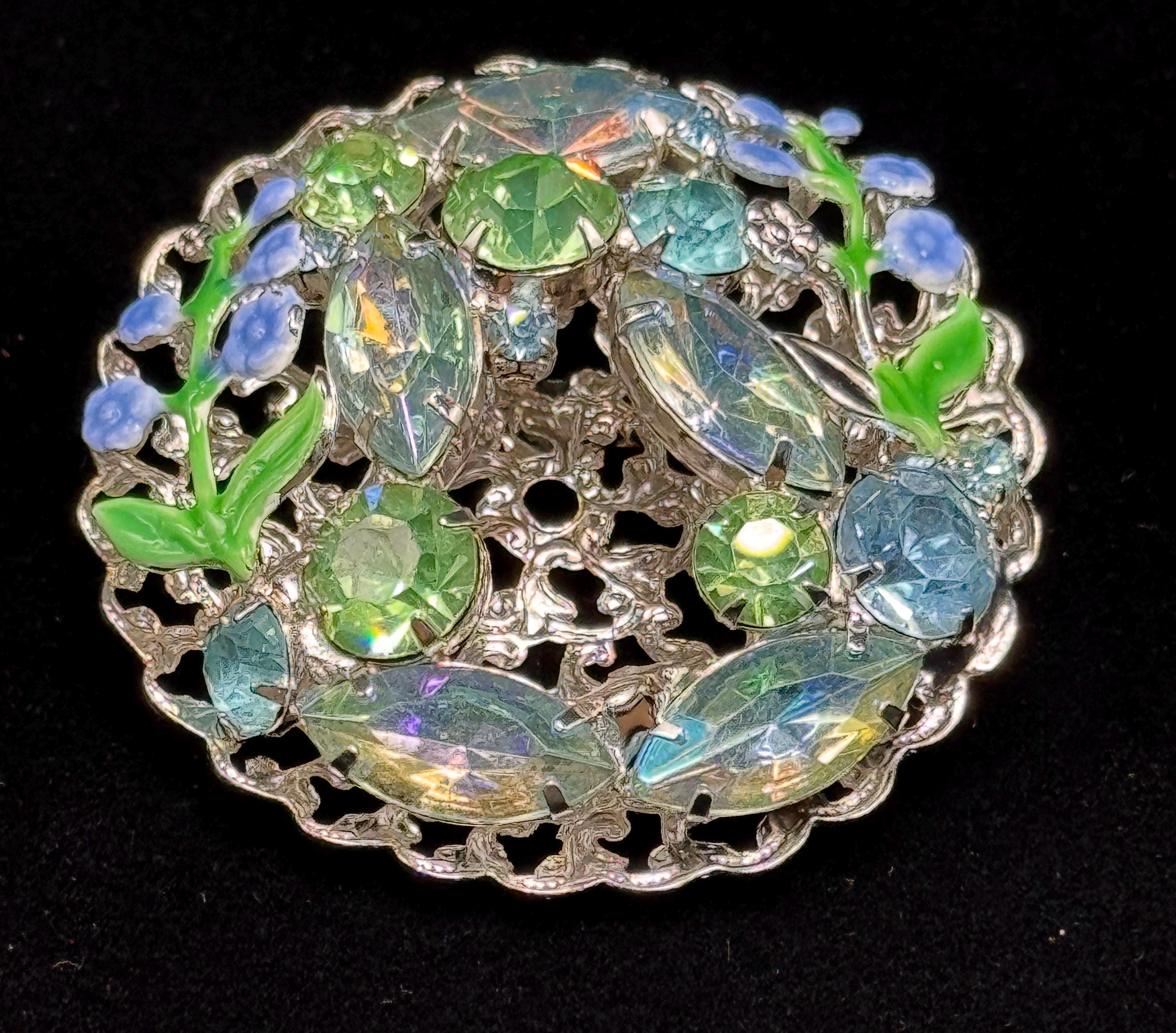 Broche Vintage DCE Noël - Multicolore - Verre Uranium Et Strass - Signée