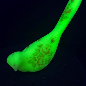 Vintage Fenton Hand Painted Custard Uranium Glass Bird of Happiness Signed by the Artist