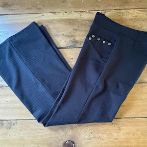 Vintage jaren 1970 marineblauwe polyester wijd uitlopende broek met hoge taille, maat 12
