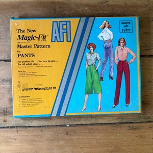 Op de afbeelding: Een AFI Magic-Fit Master Pattern voor Broeken naaipatroon doos met een blauwe en gele achtergrond. De doos toont drie vrouwen die verschillende broekstijlen dragen. De tekst op de doos luidt "The New Magic-Fit Master Pattern for PANTS for perfect fit... for any design... for all adult sizes".