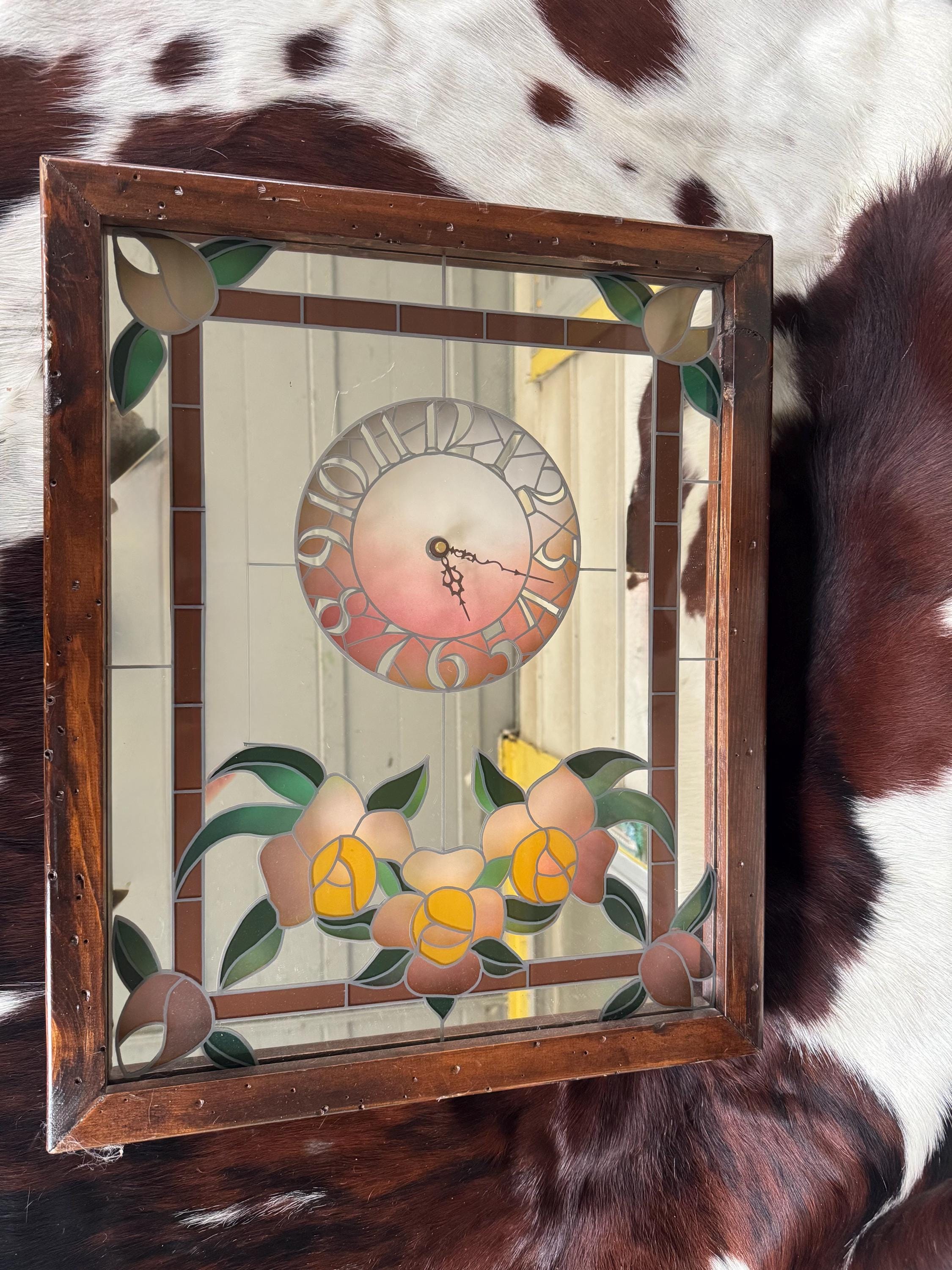Vintage 1979 Regency Art Unlimited Stained Glass Mirror Clock Wall