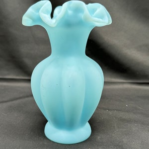 Vintage Fenton Blue Satin Glass Melon Vase with Ruffled Top