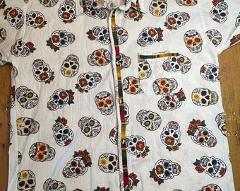 vintage Coton Lin Jour des morts Chemise / Sugar Skull Chemise à manches courtes Homme XXL