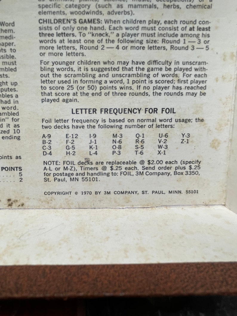 Vintage 1970's 3M Bookshelf Games FOIL A Challenging Game of Words