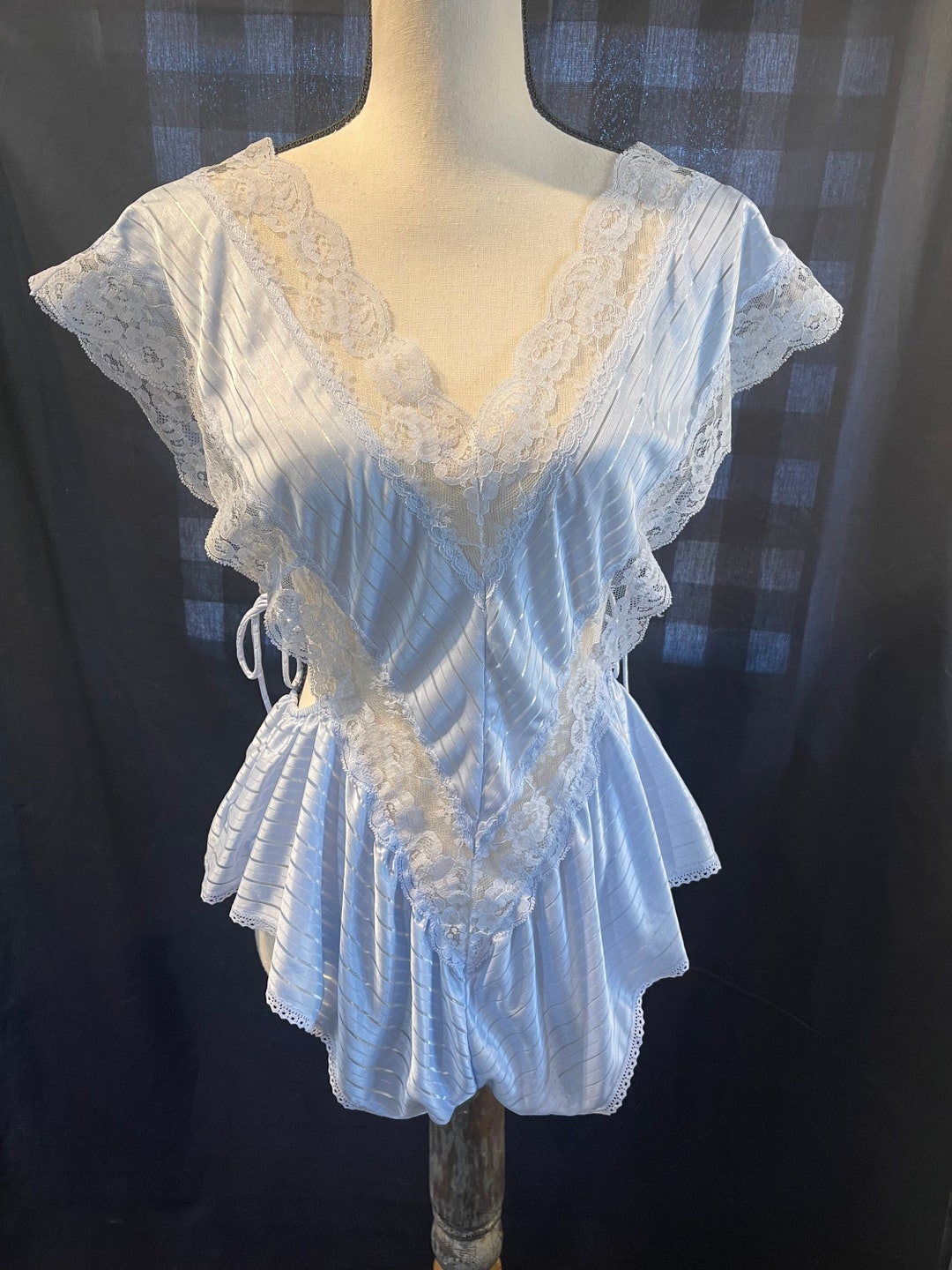Vintage Darajane Blue Lace Teddy Romper With Side Cut Outs Size Medium Etsy