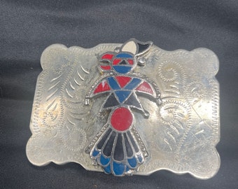 Vintage 1980's  Stone Inlaid Navajo Nickel Silver Belt Buckle