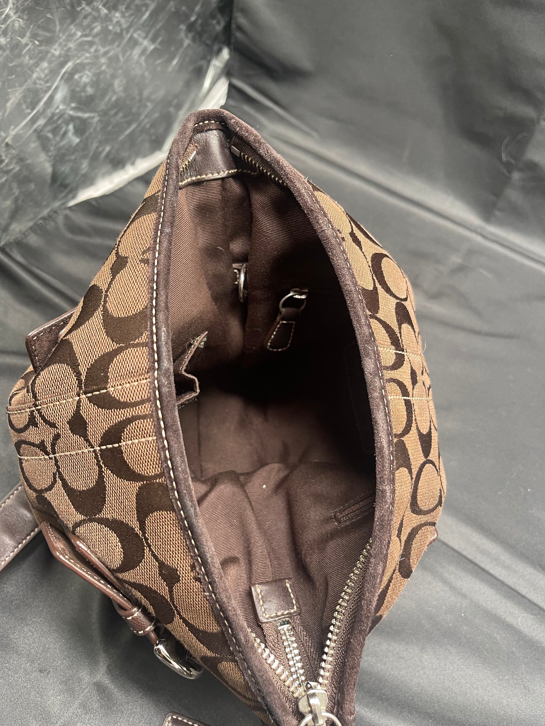 COACH Shoulder Bag Brown Monogram Canvas With Leather and Suede