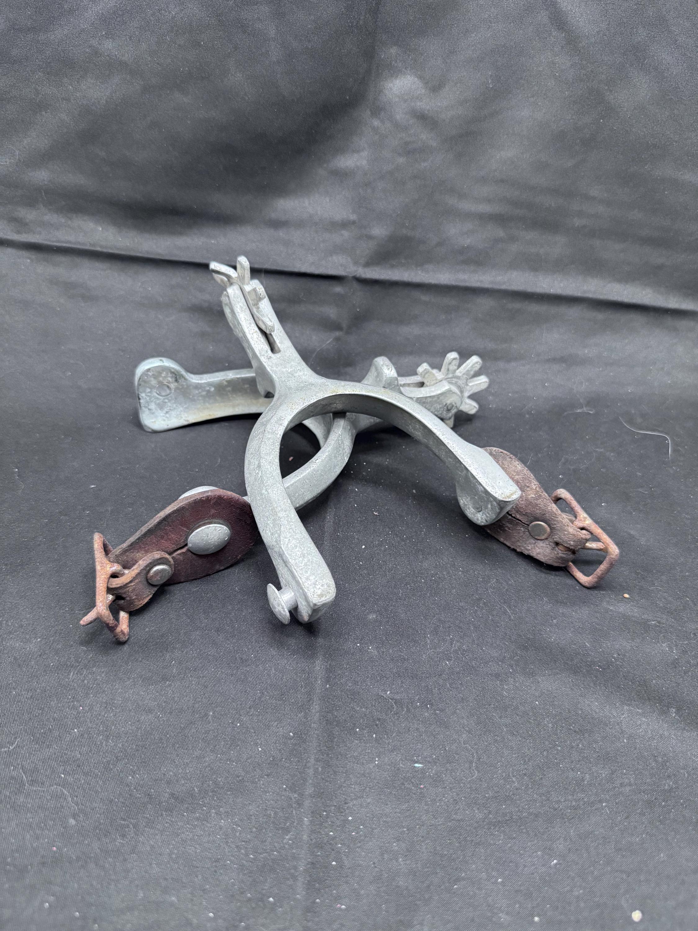 Vintage Crockett Single Spurs Stainless Steel Engraved Western Cowboy Marked c1940 main image 2