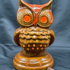 Vintage 70's Ceramic Owl Light MCM Nightlight Orange Brown Works 8”