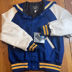 New with tags Authentic Holloway Leather and Wool Varsity Jacket size Medium. With easy to access embroidery zipper and hood flap