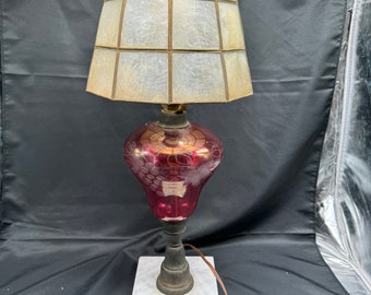 Antique Italian Late 19th Century Cranberry Glass Ruby Cut to Clear Electrified Oil Table Lamp w/ Capiz Shell Shade