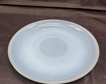 May include: A light blue, oval-shaped glass bowl. The bowl has a smooth, glossy surface and a slightly raised rim. The center of the bowl is a lighter shade of blue. This decorative bowl is suitable for serving or display.