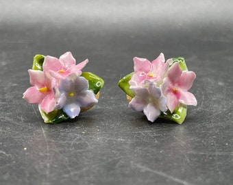Vintage Porcelain Clip On Floral Earrings From Japan