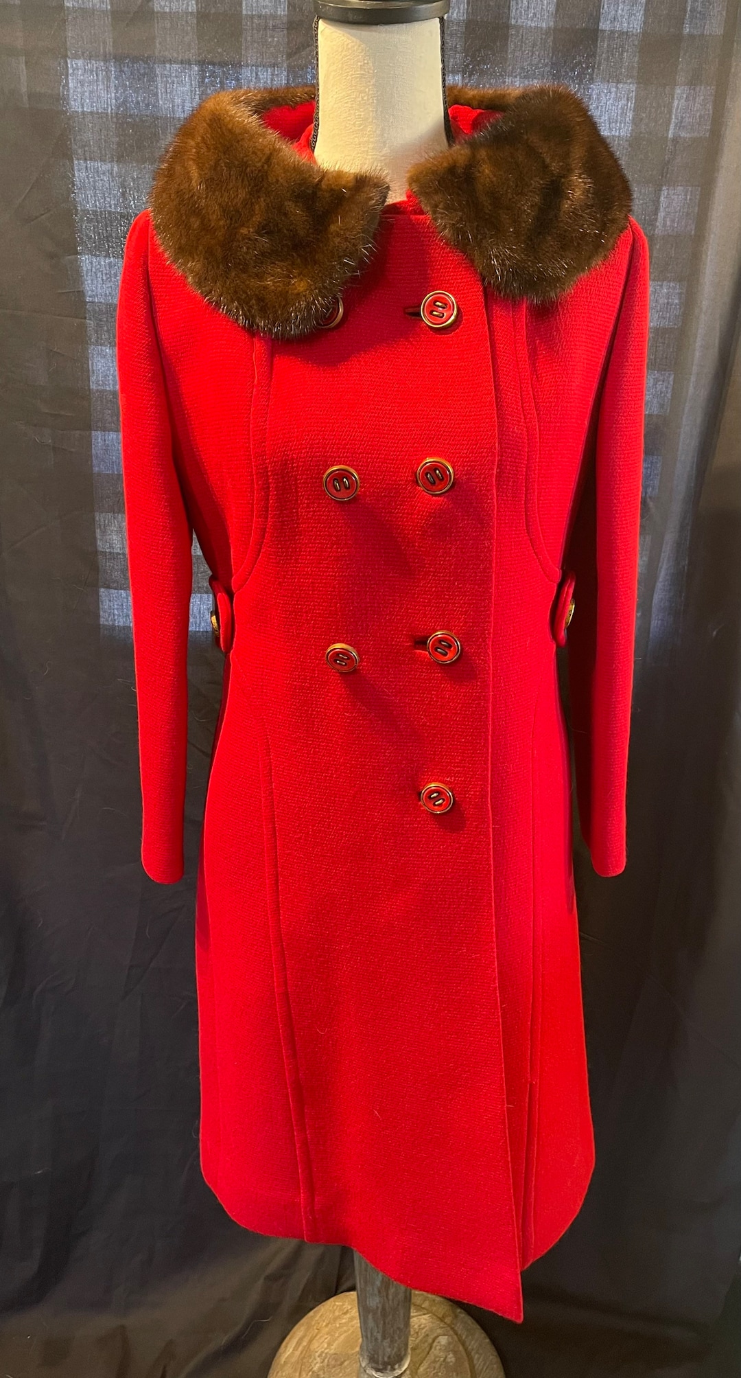 Vintage Womens Wool Coat 1960s 1970s Red Knox Faux Fur Double Breasted