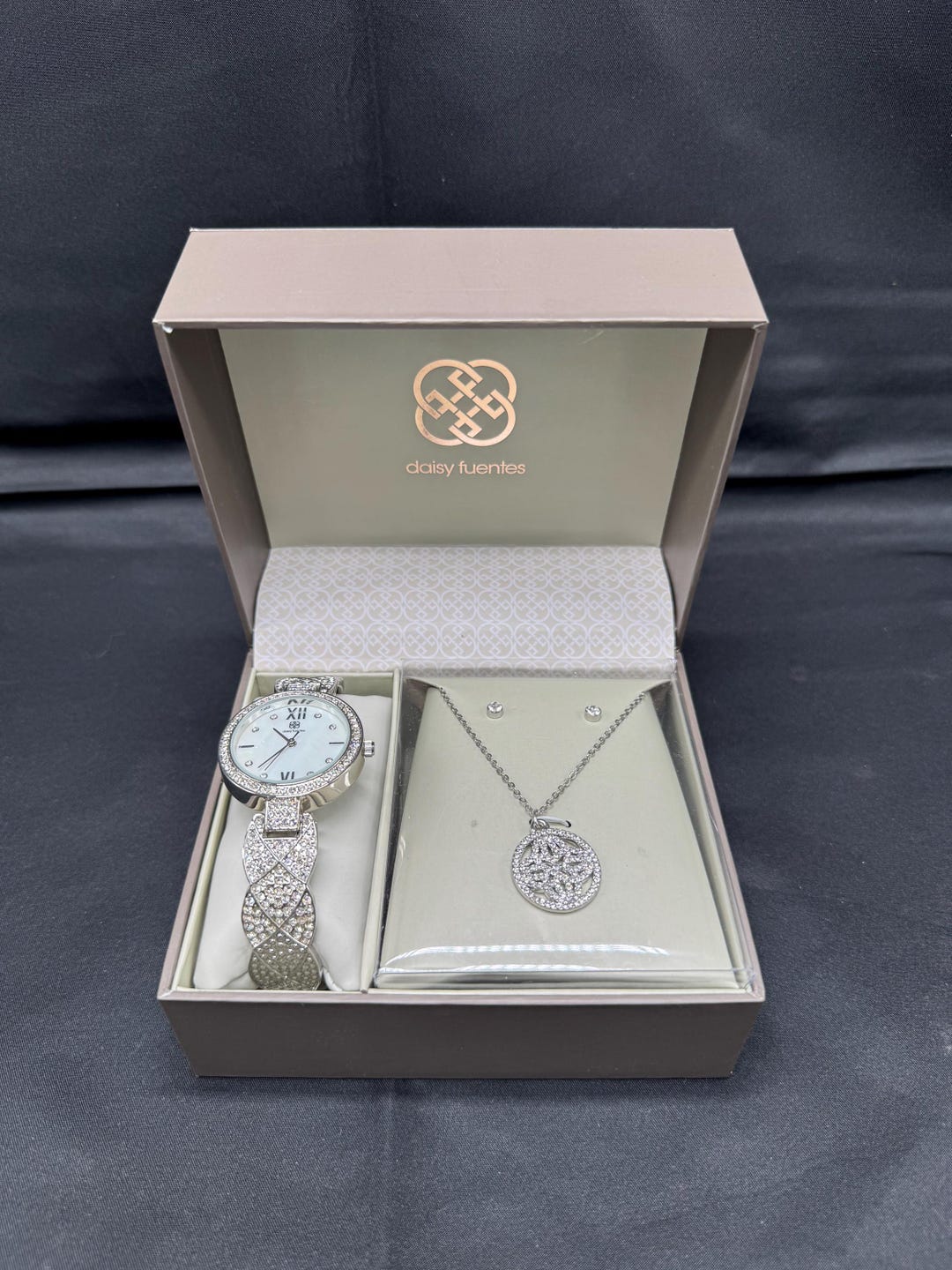 Daisy Fuentes Silver Tone Crystal Cuff Watch, Earrings Necklace