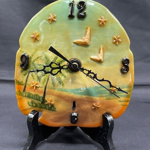 Vintage Hand-painted Sand Dollar Clock with Stand. One of a kind