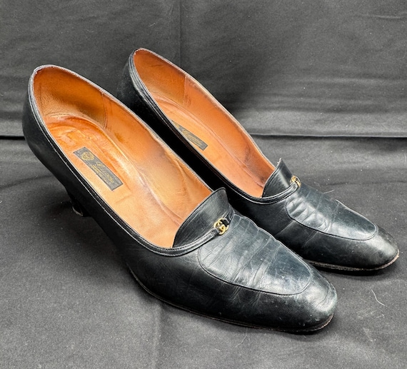 Rare Vintage 1970's GUCCI Black Leather Heels With Gold Rare Vintage 1970's GUCCI Black Leather Heels With Gold