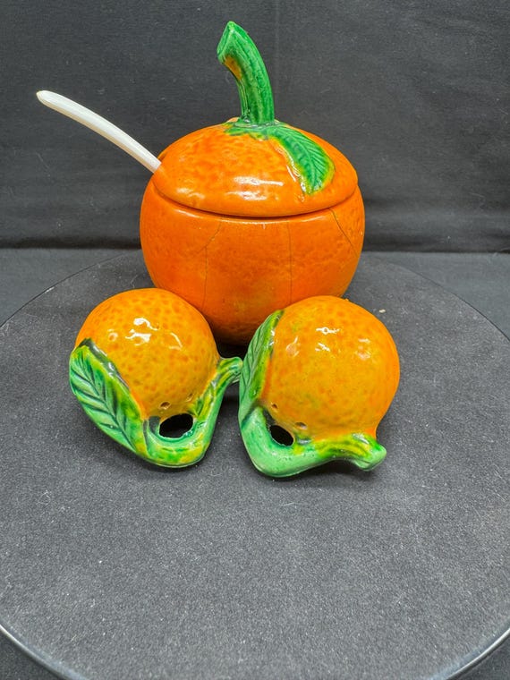 Vintage 1940's Ceramic Orange Marmalade Jar With Spoon & Salt and