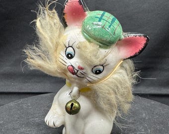 Vintage 1940's MCM Japanese Ceramic Cat Figurine With Applied Fur
