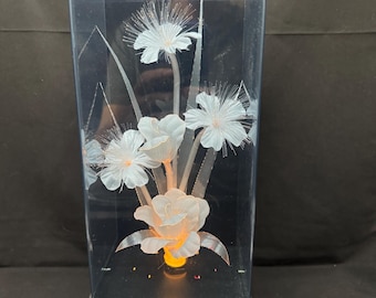 Lámpara de flores vintage de fibra óptica que cambia de color, con mecanismo de cuerda y caja de música. ¡FUNCIONA!