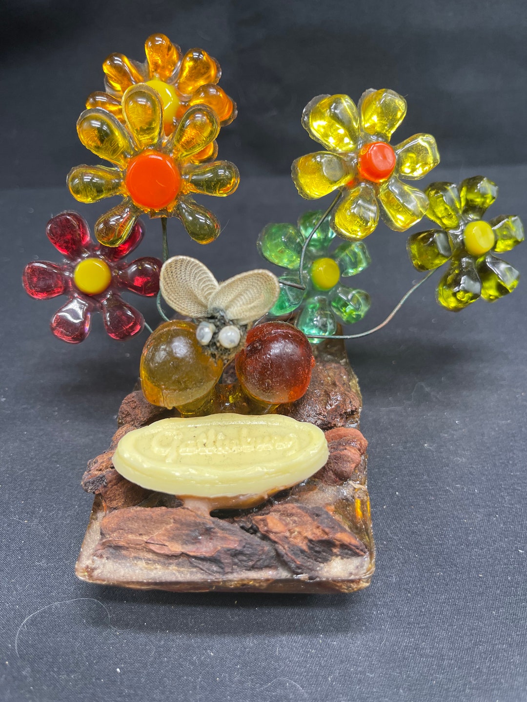 Vintage 1960s Lucite Flowers on Wire With Vomit Resin Base