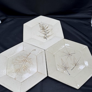 May include: Three white ceramic hexagonal plates with brown leaf designs. The plates are arranged in a triangular shape.