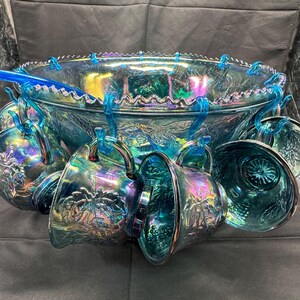thumbnail image 2 of Vtg Indiana Glass Princess Blue Punchbowl Set With 11 Cups & Blue 2 of 10