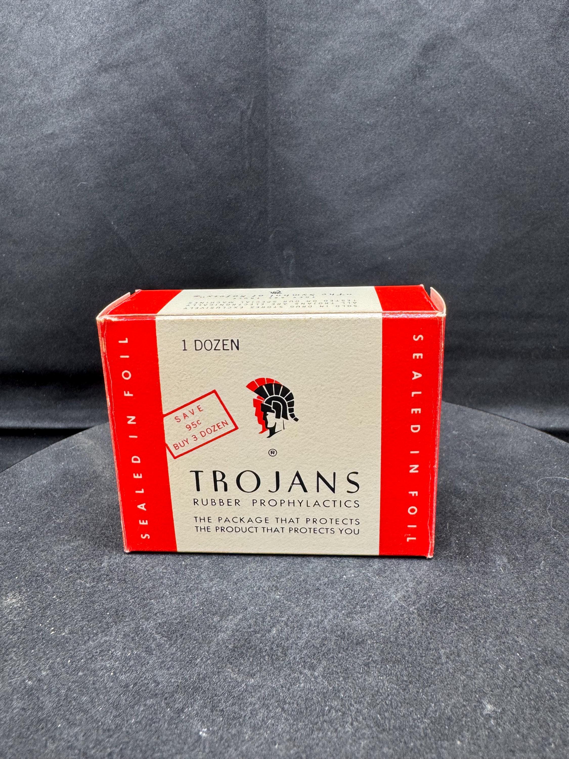 Vintage 1971 Full White Cardboard Trojans Condom Box W 7 Unopened 